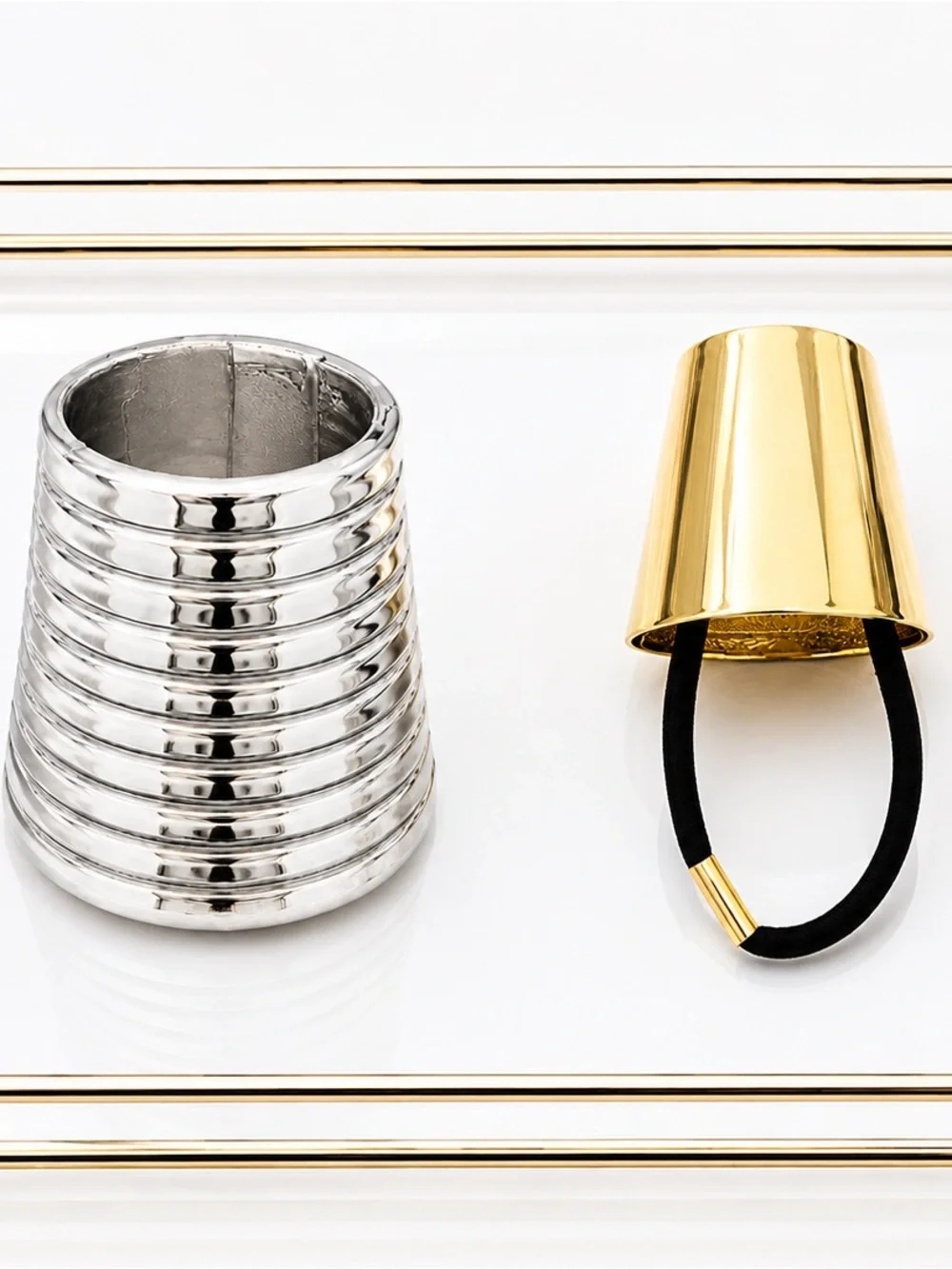 Gold Cup Hair Tie with Silver Stacked Cuff - Sleek Metallic Hair Accessory